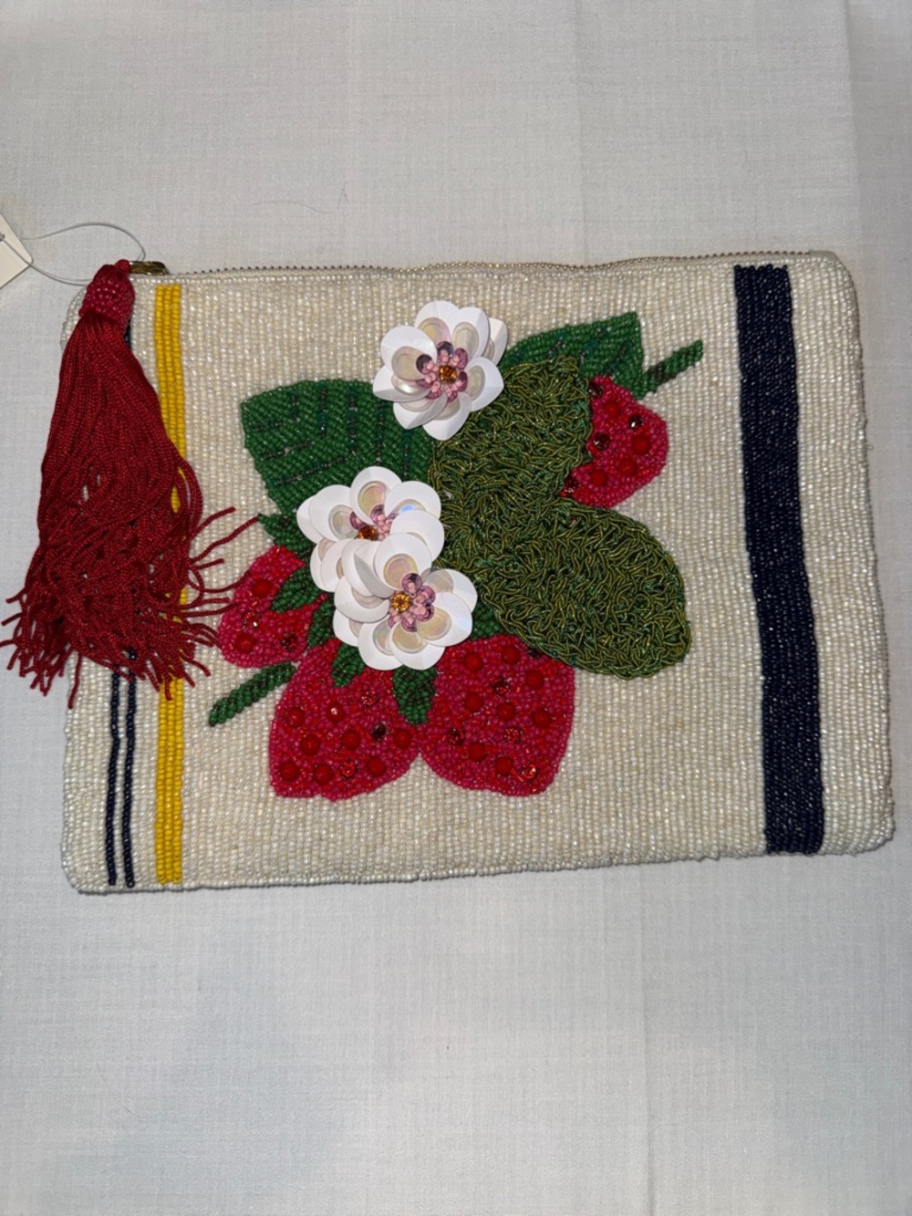 NWT The Fiona Large Beaded Pouch in Berry Floral Stripe